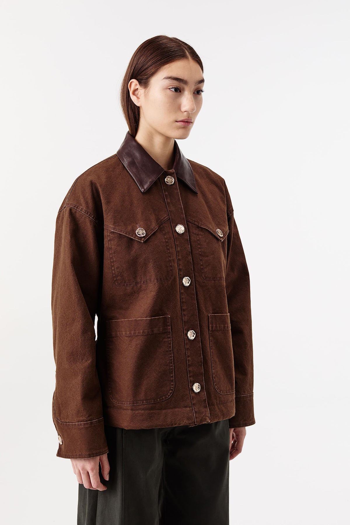 Cotton canvas jacket with leather collar