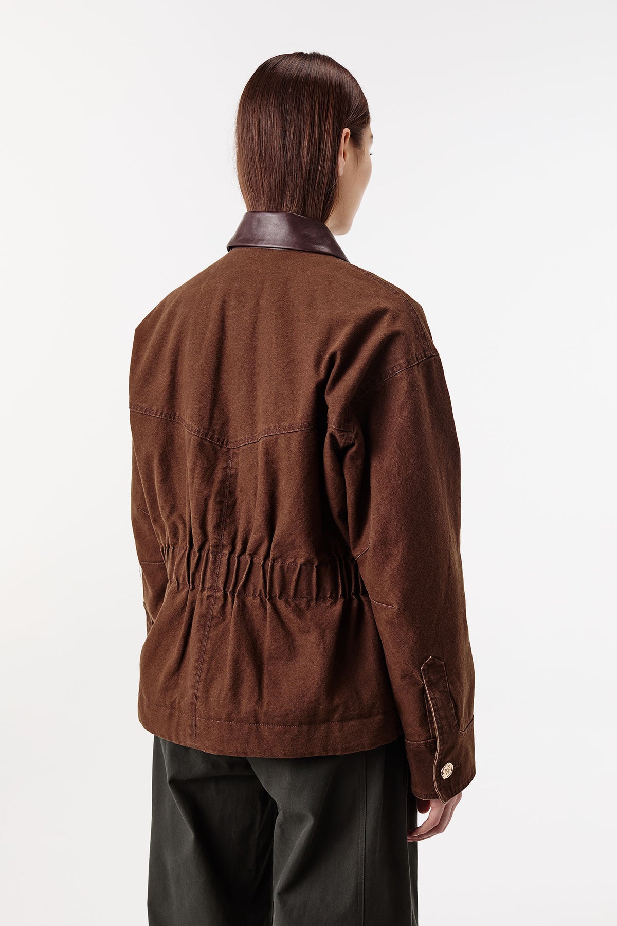 Cotton canvas jacket with leather collar