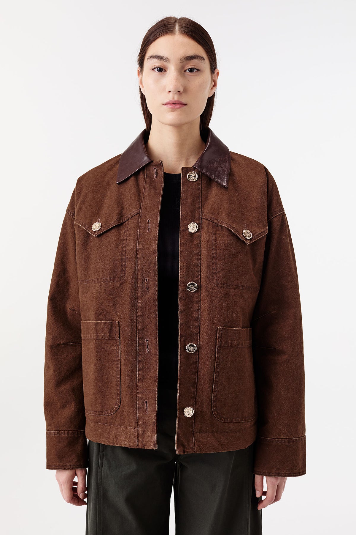 Cotton canvas jacket with leather collar