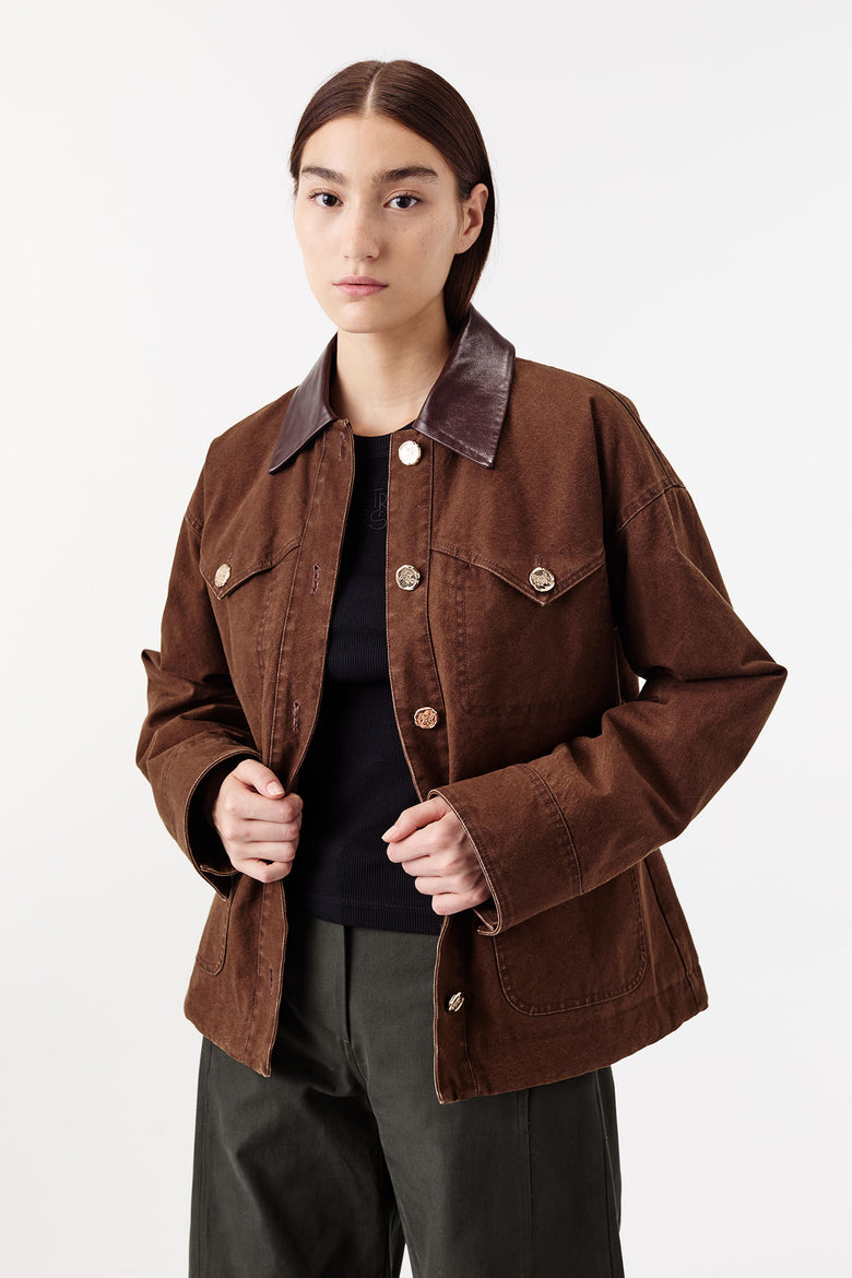 Cotton canvas jacket with leather collar