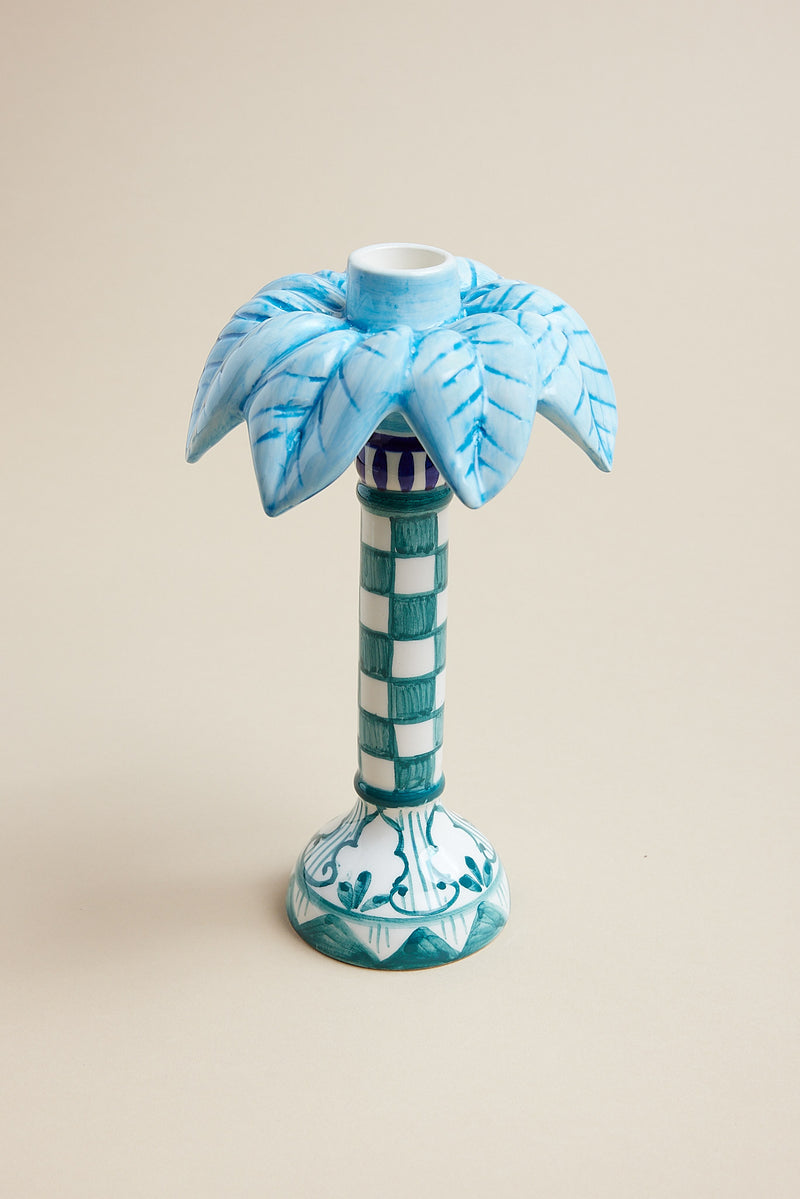 Large blue palm tree candleholder