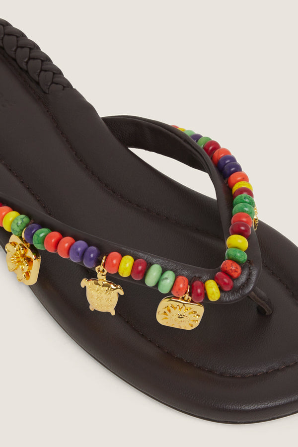 Tong en cuir à perles multicolores