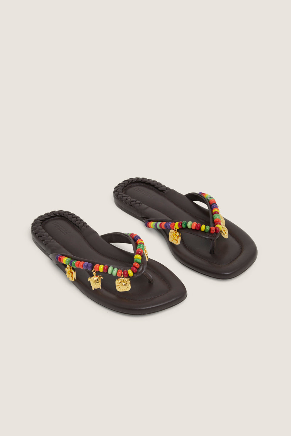 Tong en cuir à perles multicolores