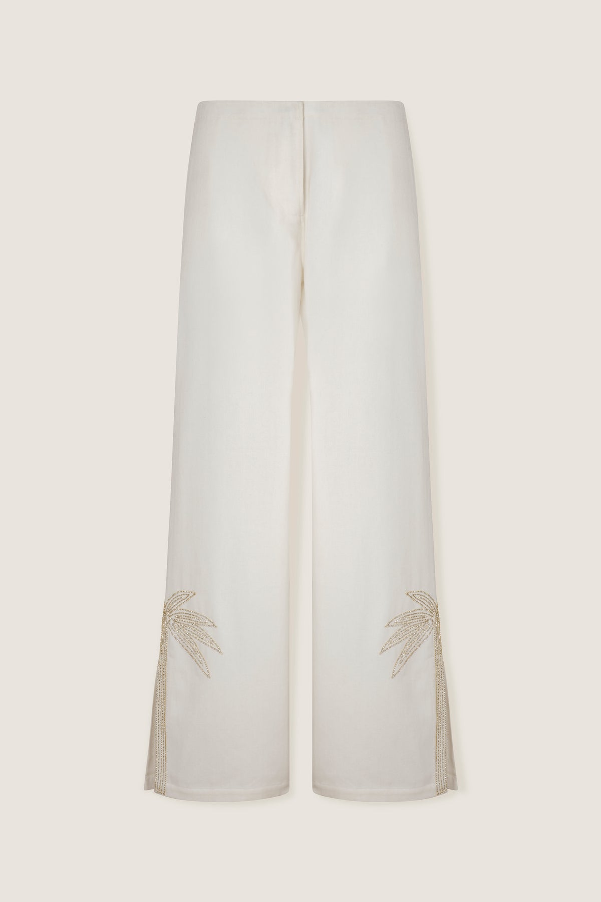 Pants with embroidered rhinestone palm tree