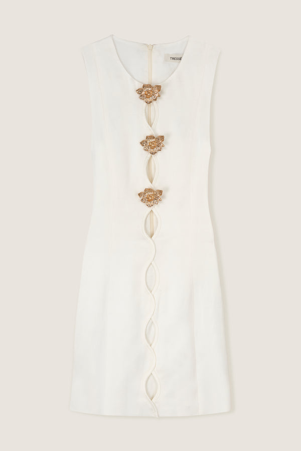 Short satin dress with gold embellishments