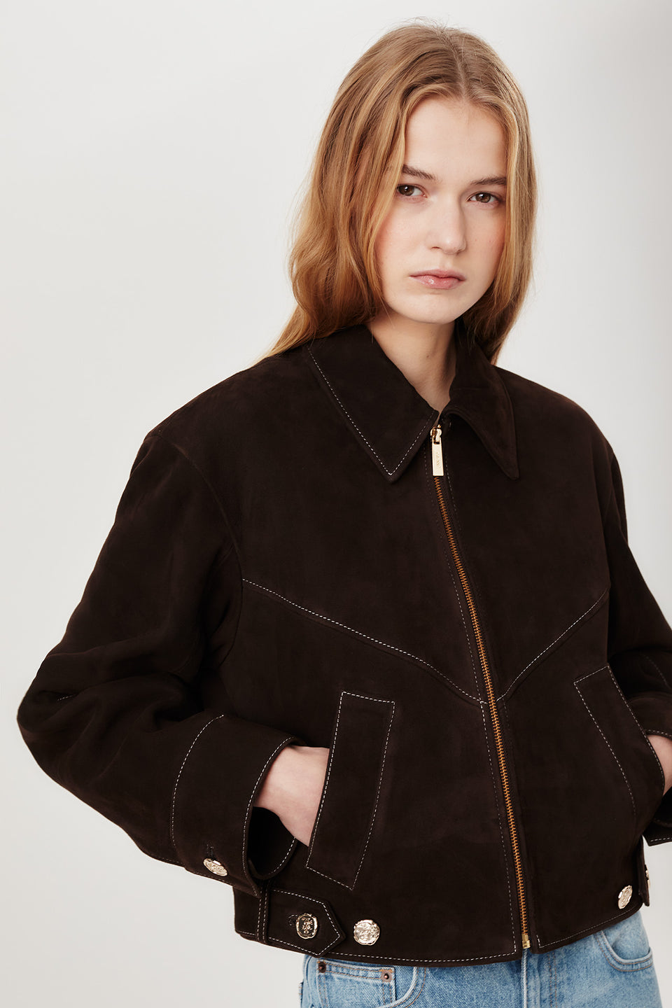 Veste en daim à surpiqûres