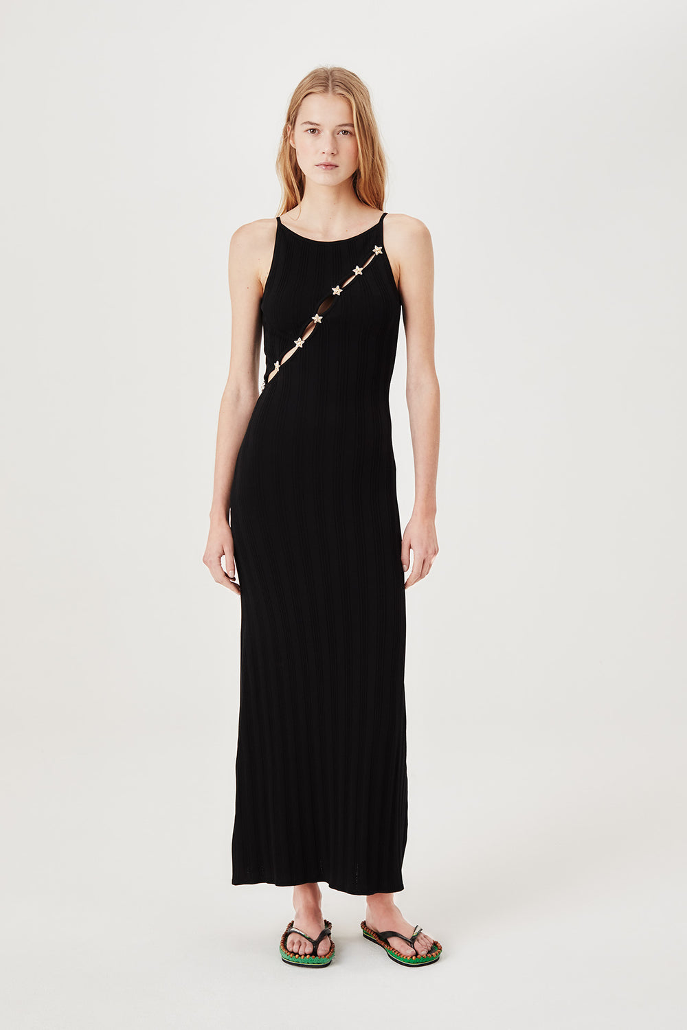 Knit dress with an asymmetrical opening
