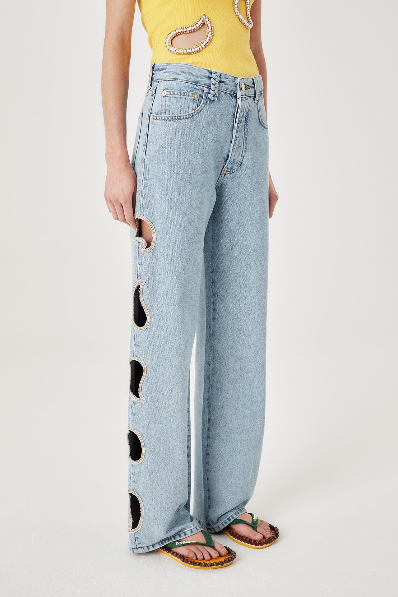 Denim à Découpes Paisley et Jambe Large | Tressé