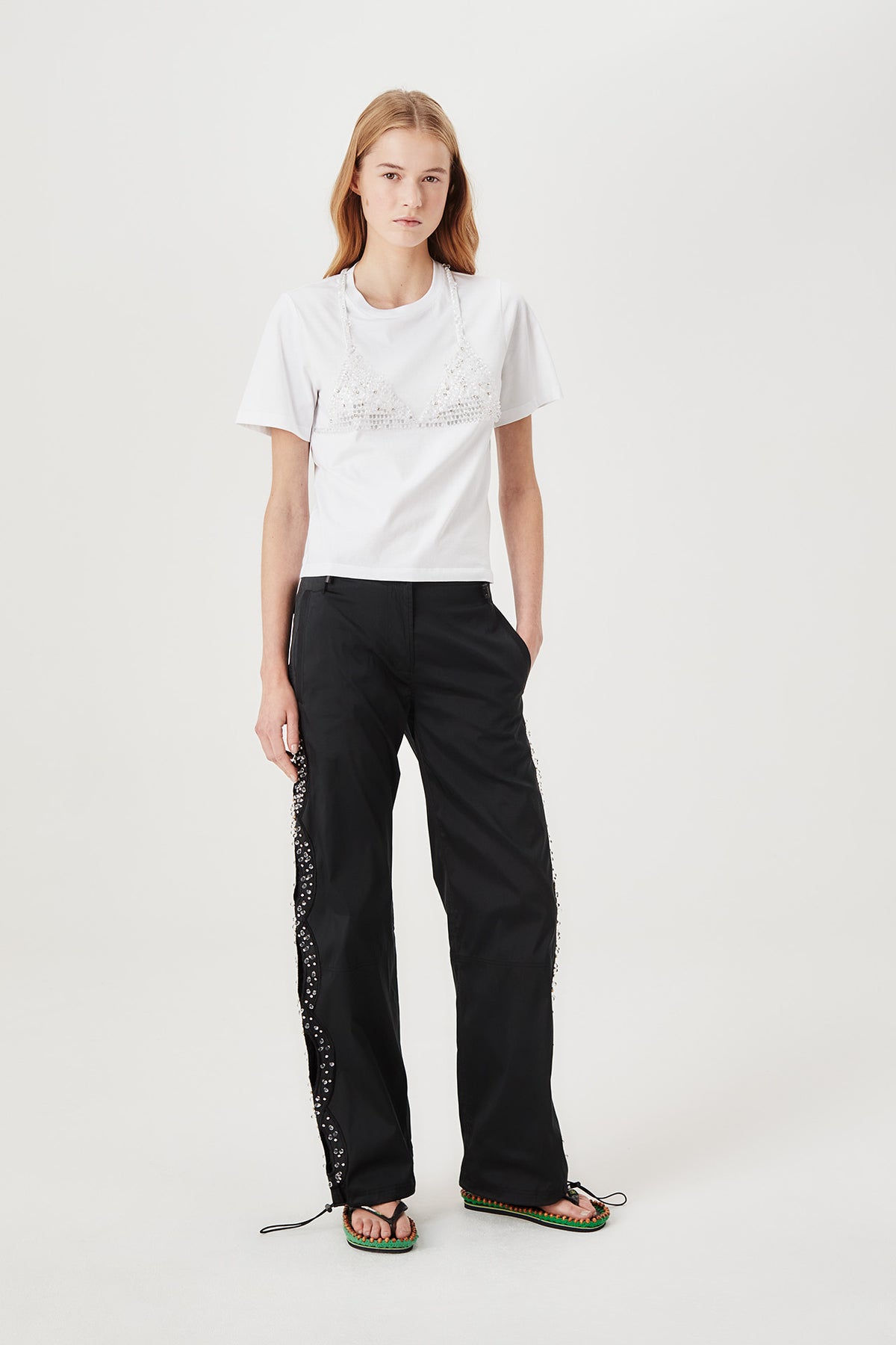 Beaded and rhinestone-embroidered T-shirt