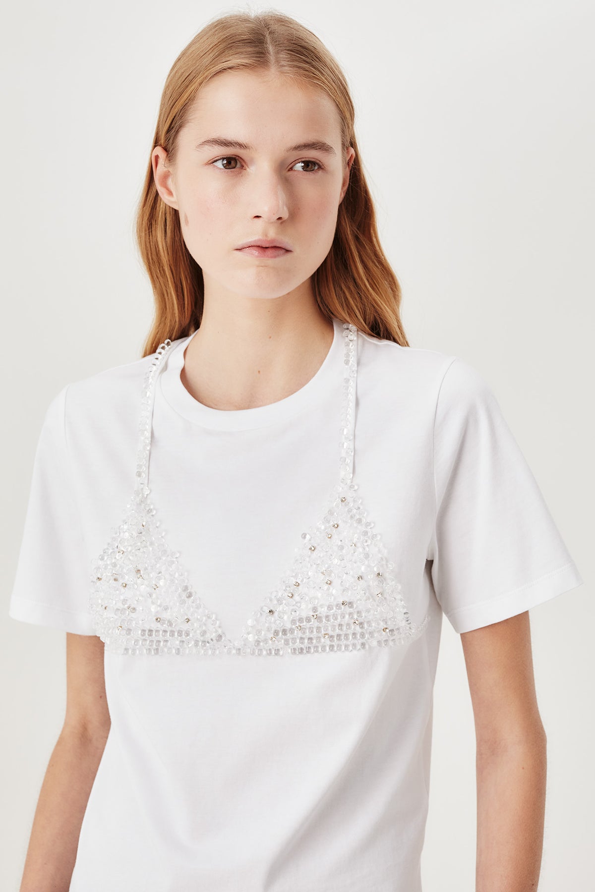 Beaded and rhinestone-embroidered T-shirt