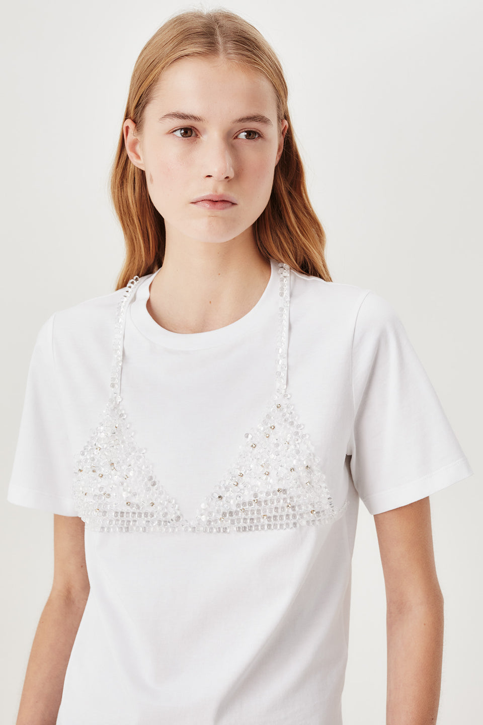 T-shirt à perles et strass brodées