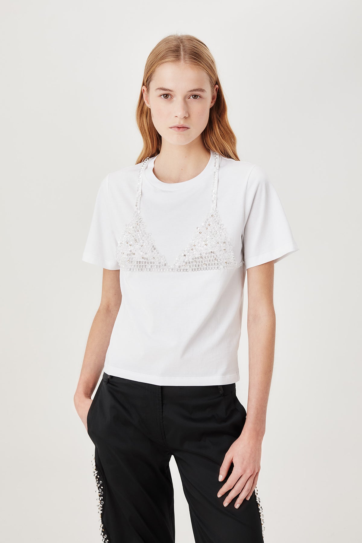 Beaded and rhinestone-embroidered T-shirt