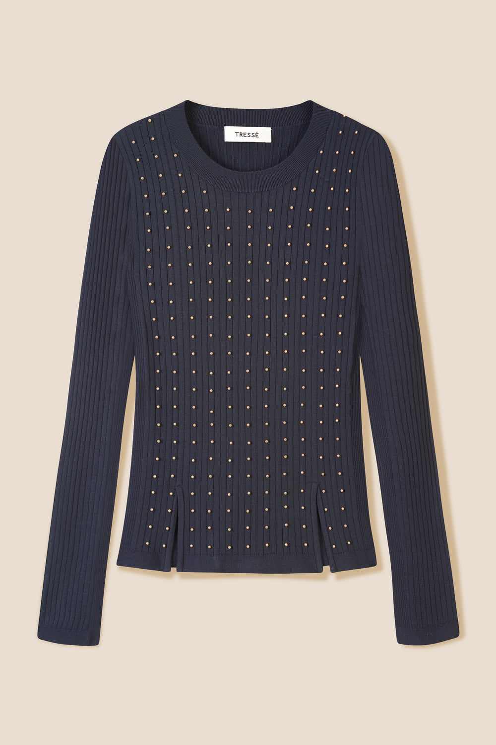 Sweater decorated with golden beads