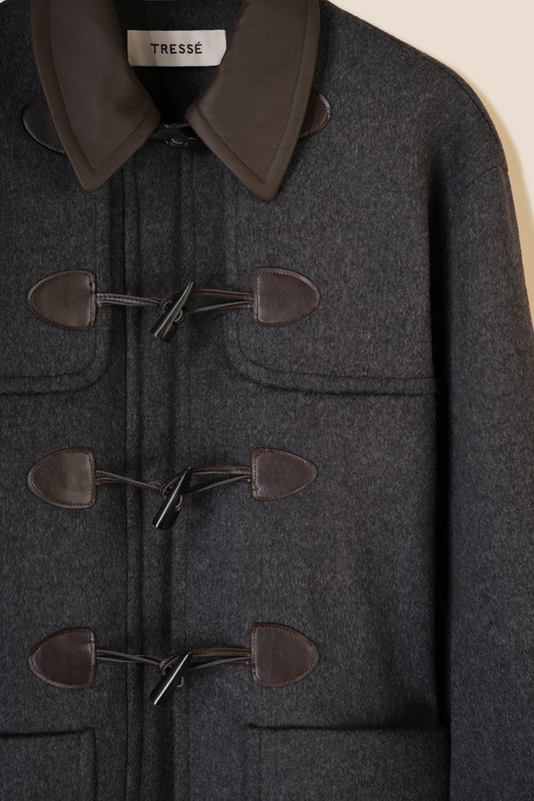 Duffle coat with leather collar