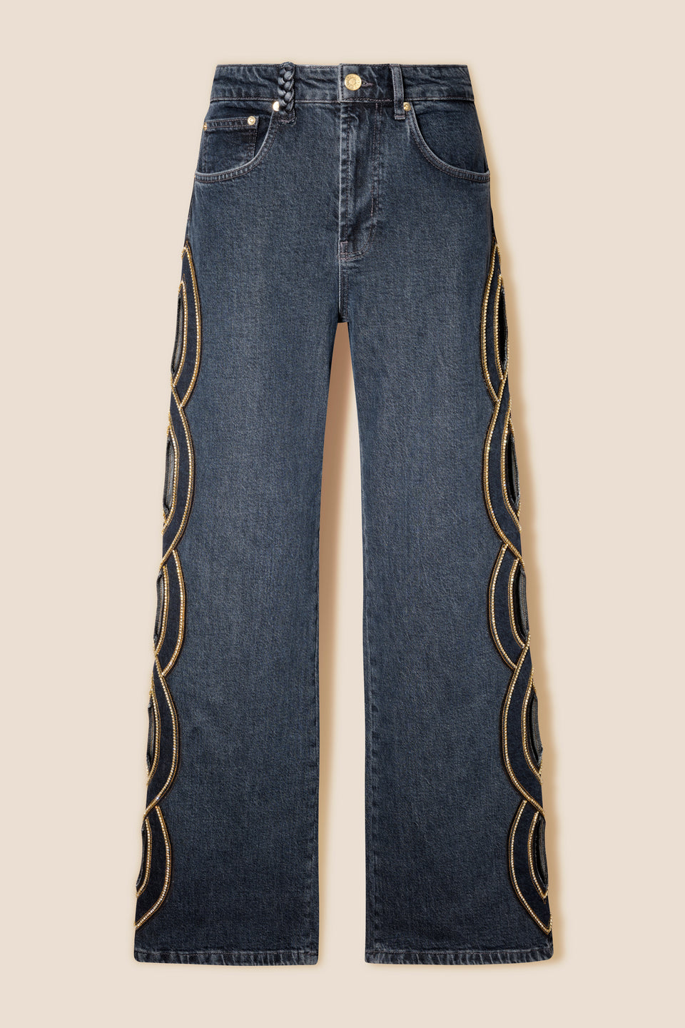 Denim with rhinestone braid
