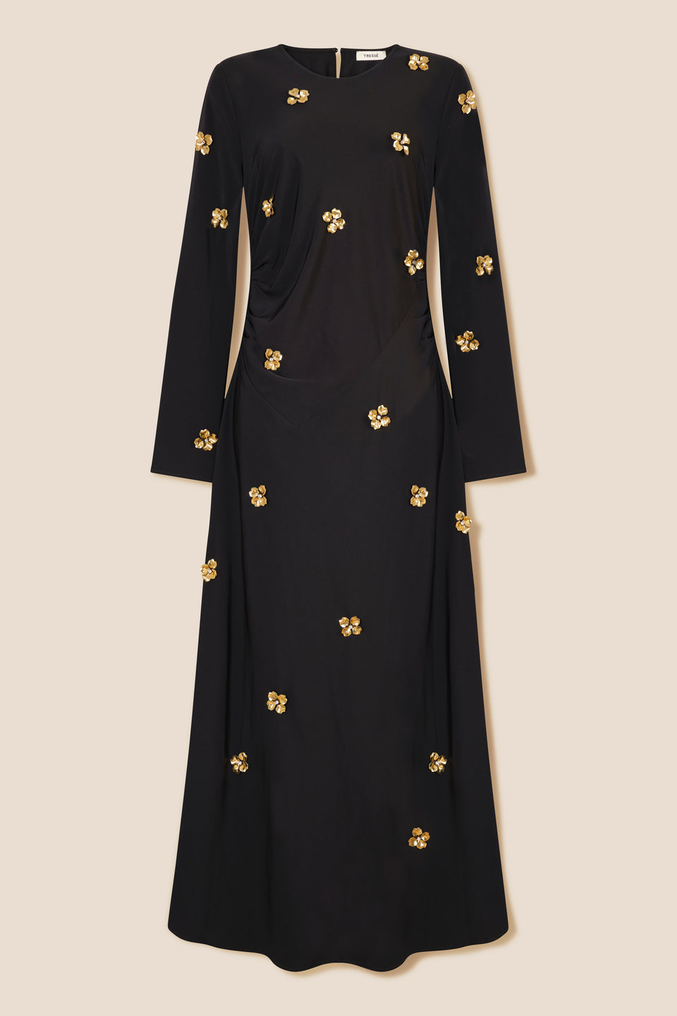 Robe longue ornée de fleurs dorées