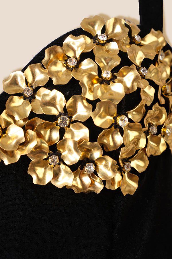 Gold floral strapless dress