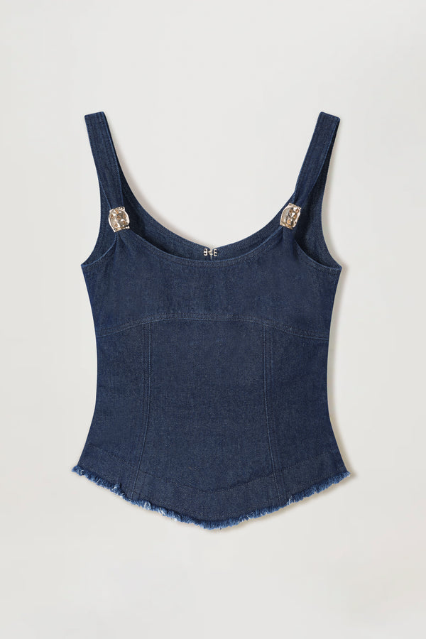 Top en denim à bijoux dorés