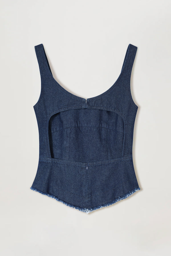Top en denim à bijoux dorés