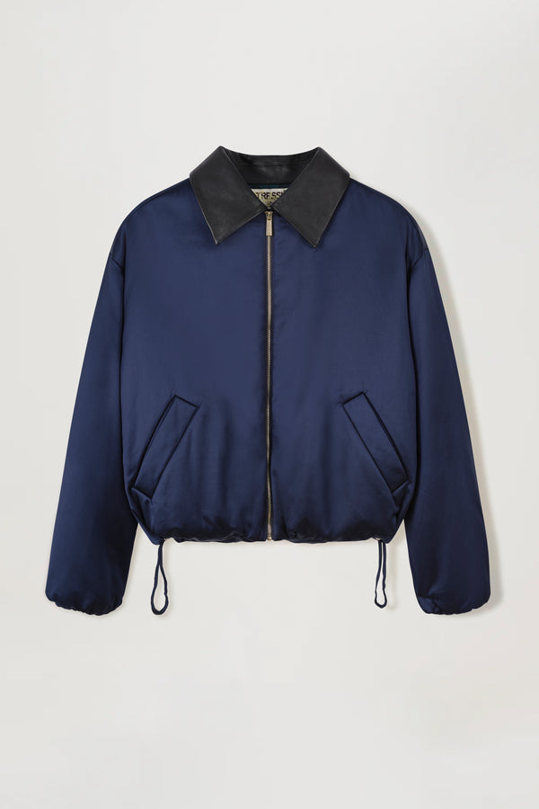 Satin jacket with a leather collar