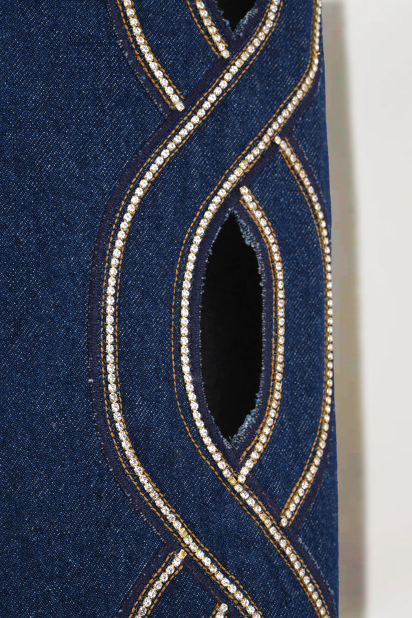Raw denim with braided rhinestone-embellished opening
