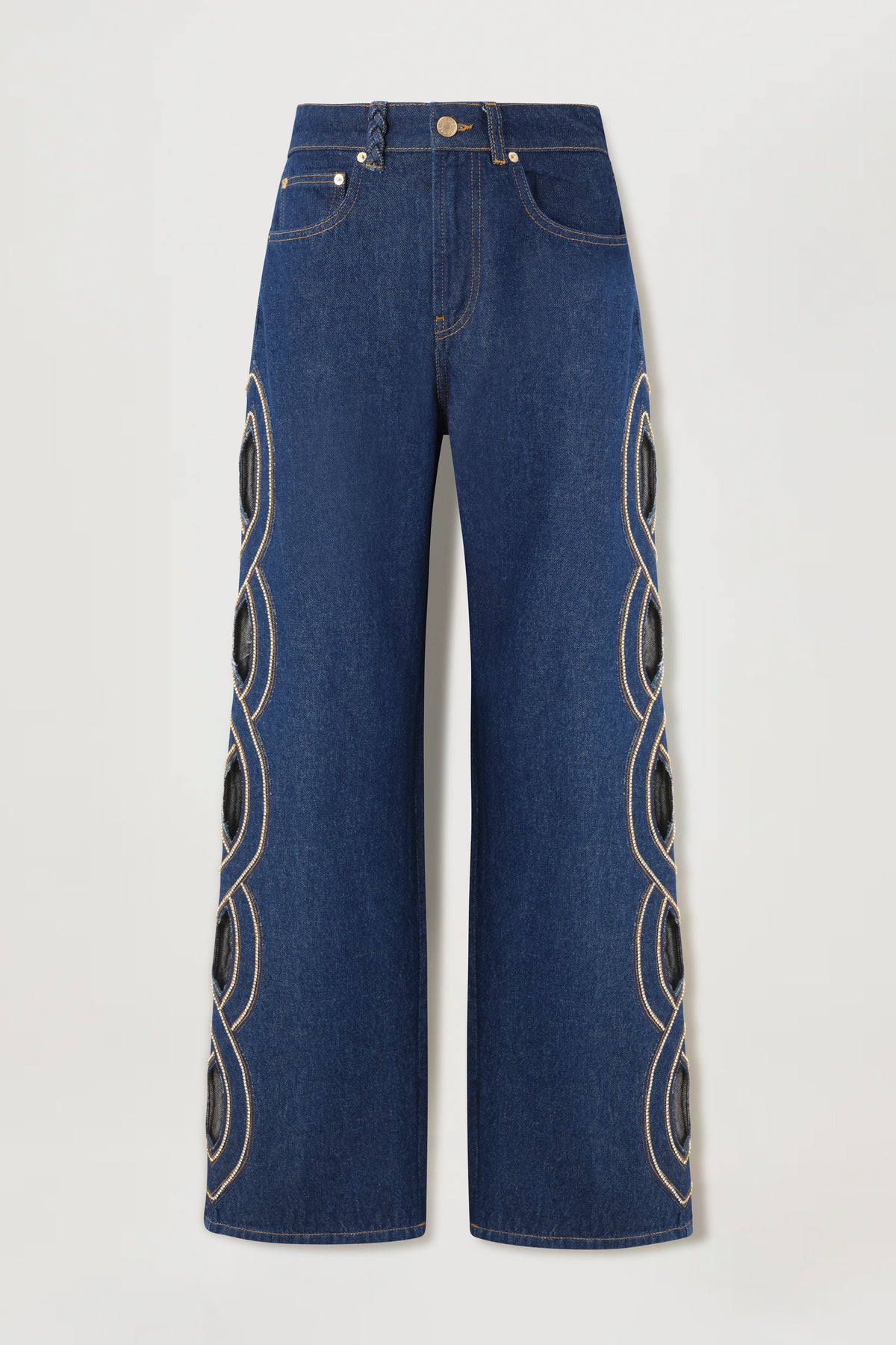 Denim grezzo con apertura tresse decorata con strass