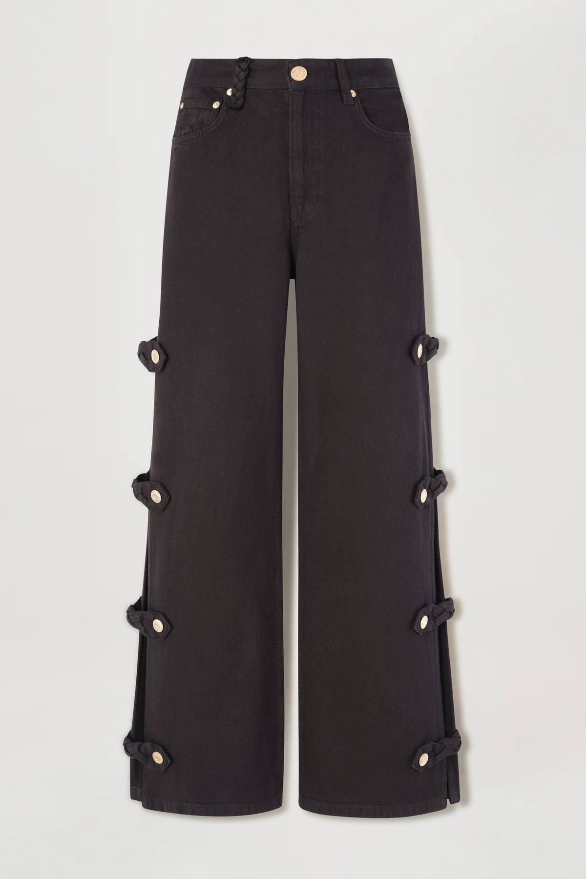 Schwarze Jeans mit seitlichen Cut-outs und geflochtenen Riegeln