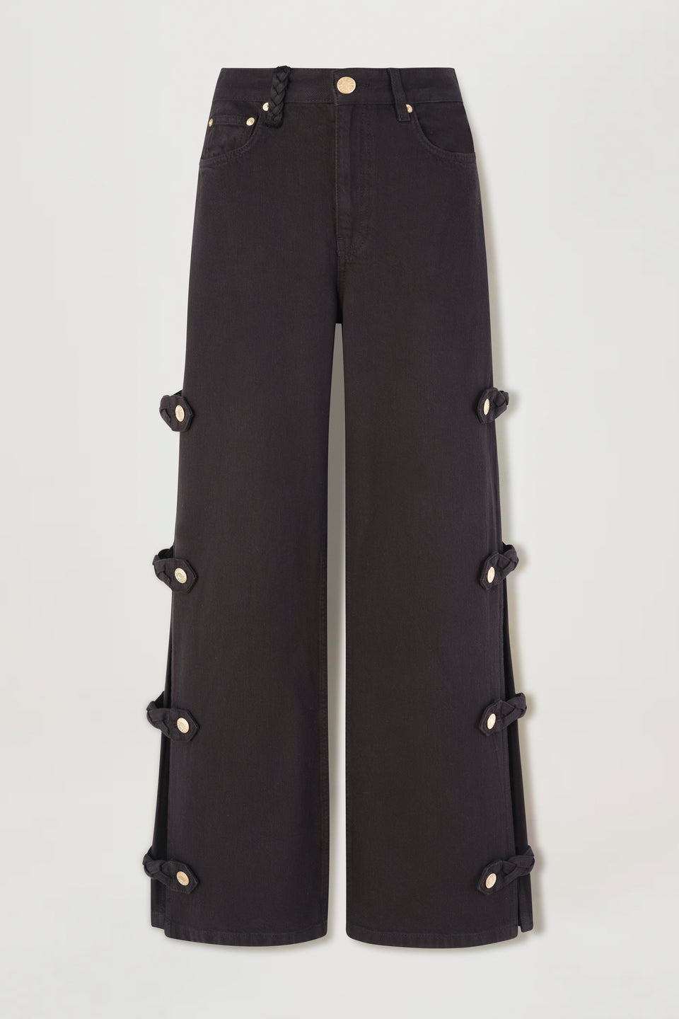 Denim noir ouvert aux côtés avec pattes tressées