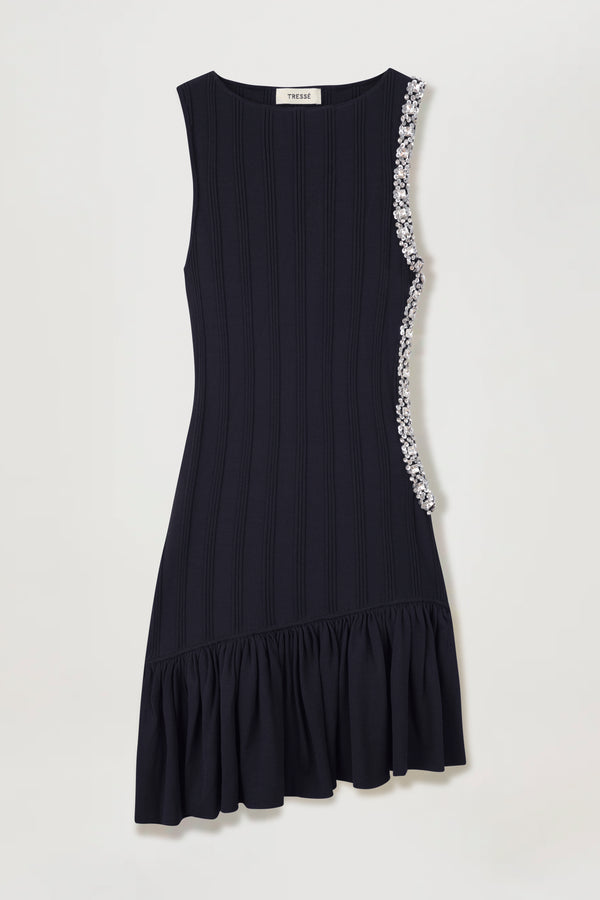 Knit dress with a rhinestone-embellished opening