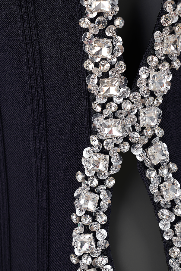 Knit dress with a rhinestone-embellished opening