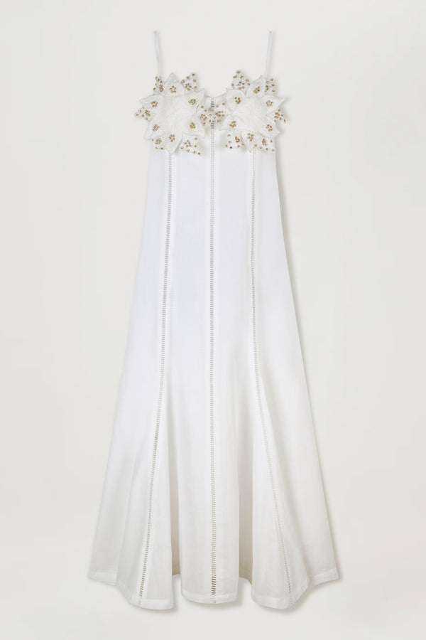 Long dress with a floral-embellished bodice