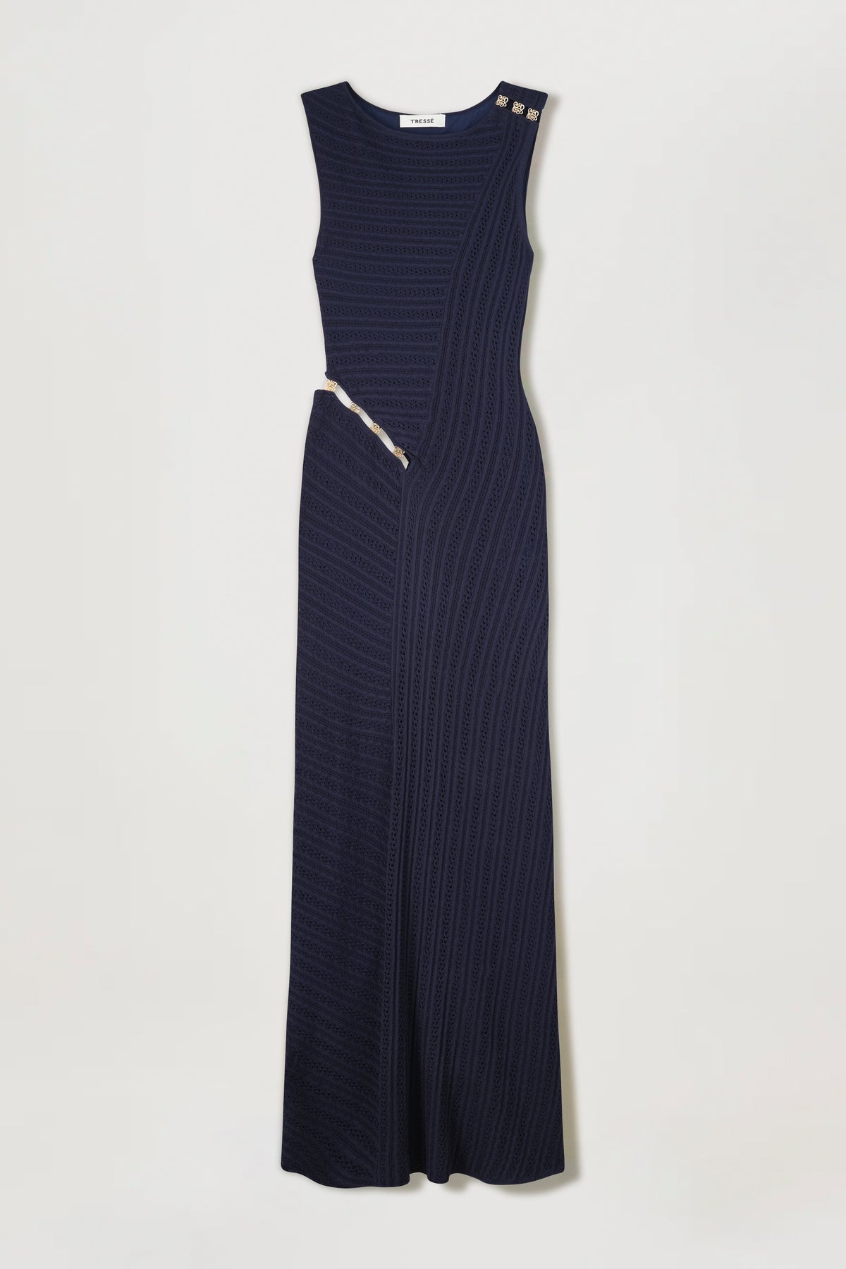 Langes Strickkleid mit goldfarbenen Schmuckelementen