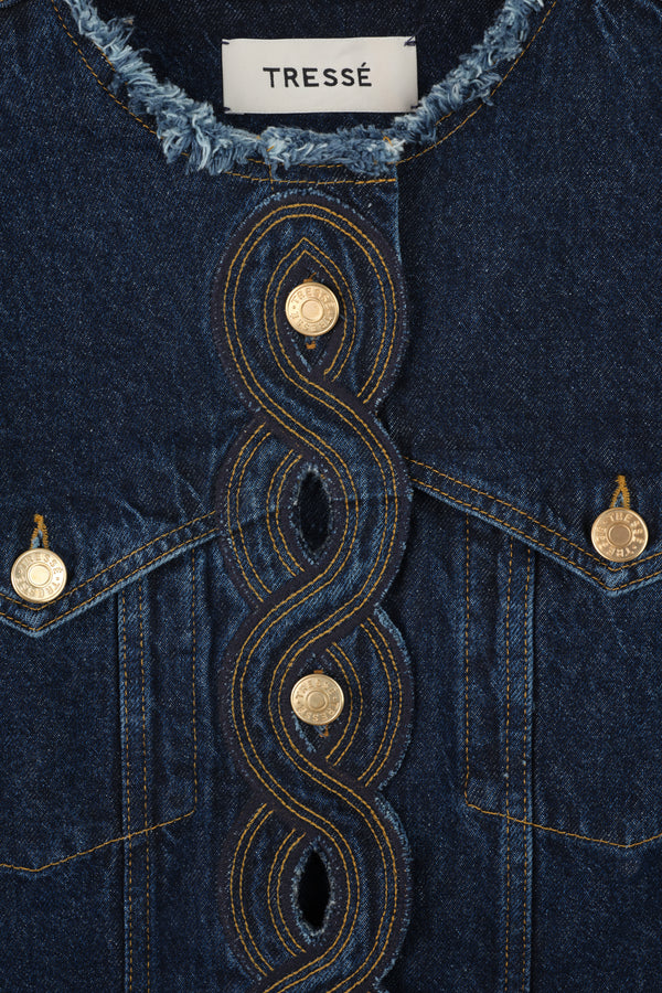 Denim jacket with braided buttonholes