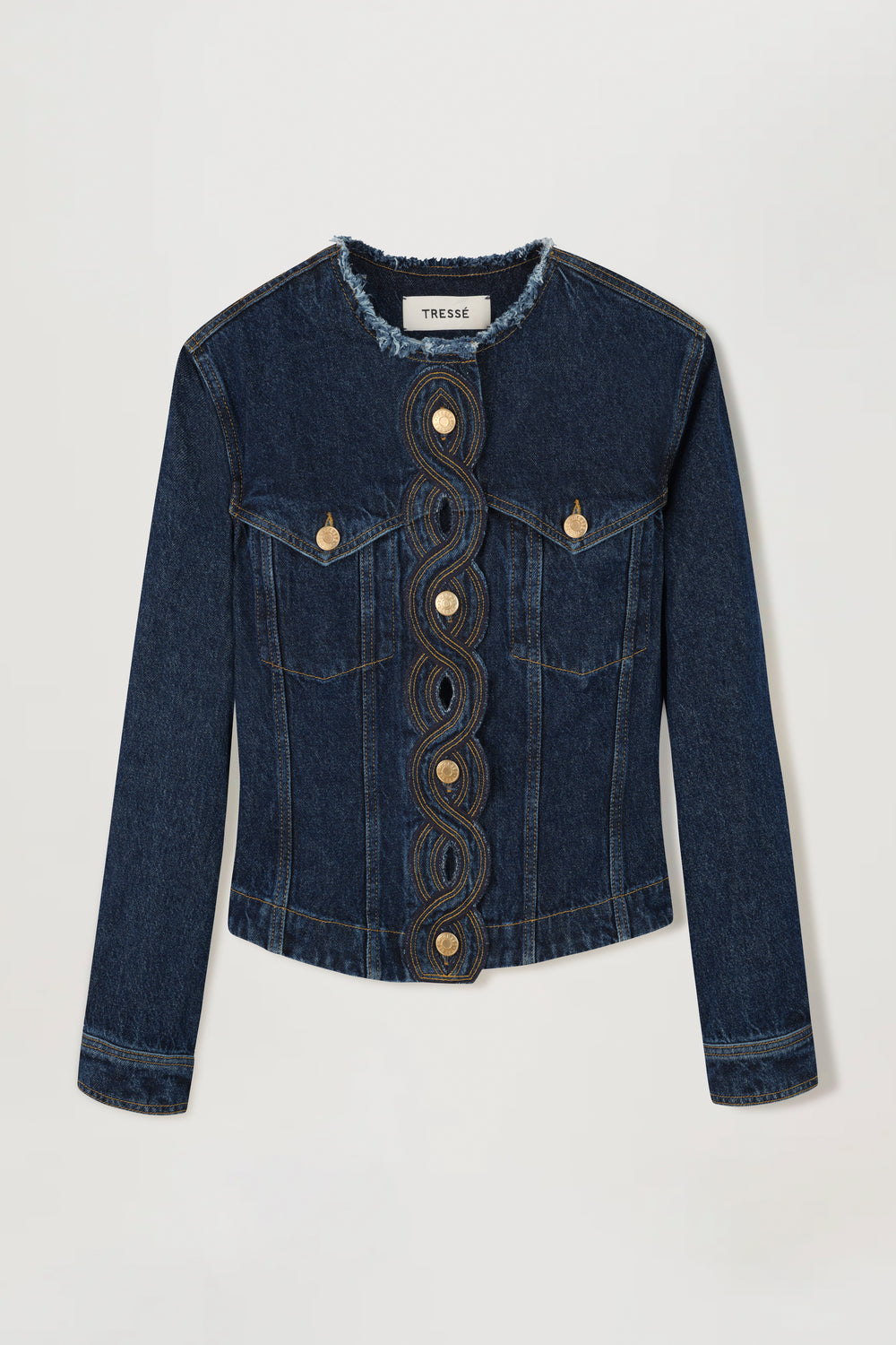Denim jacket with braided buttonholes