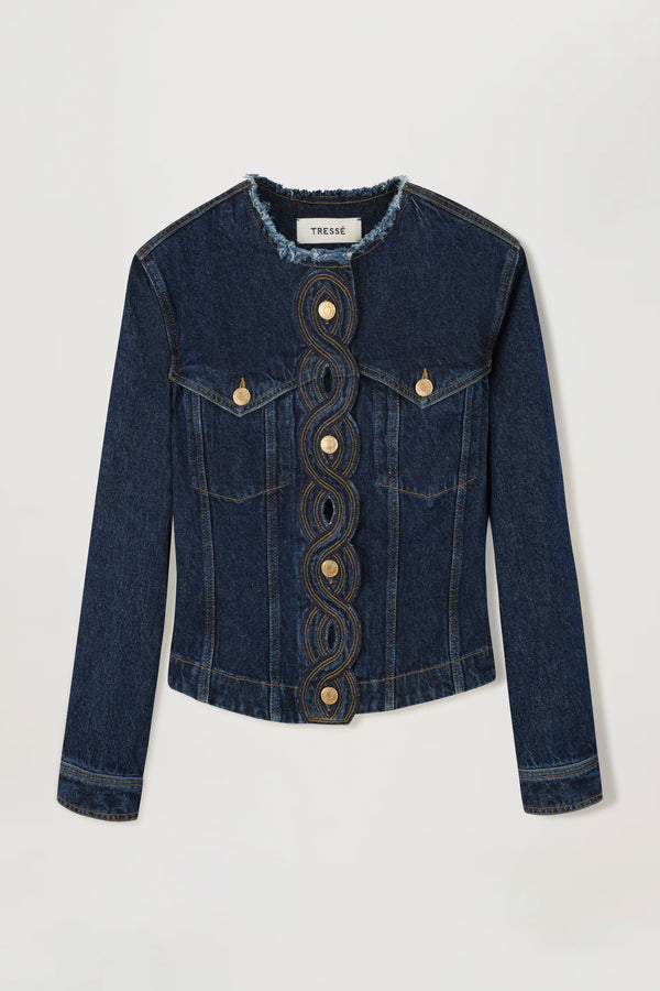 Denim jacket with braided buttonholes