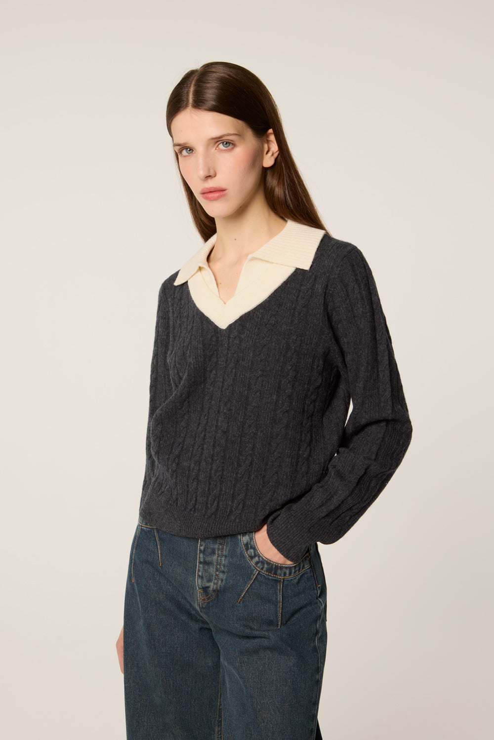 Two-tone cable-knit sweater