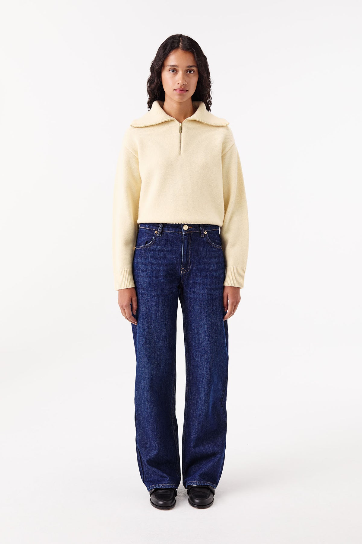 Raw denim jeans with flap waistband