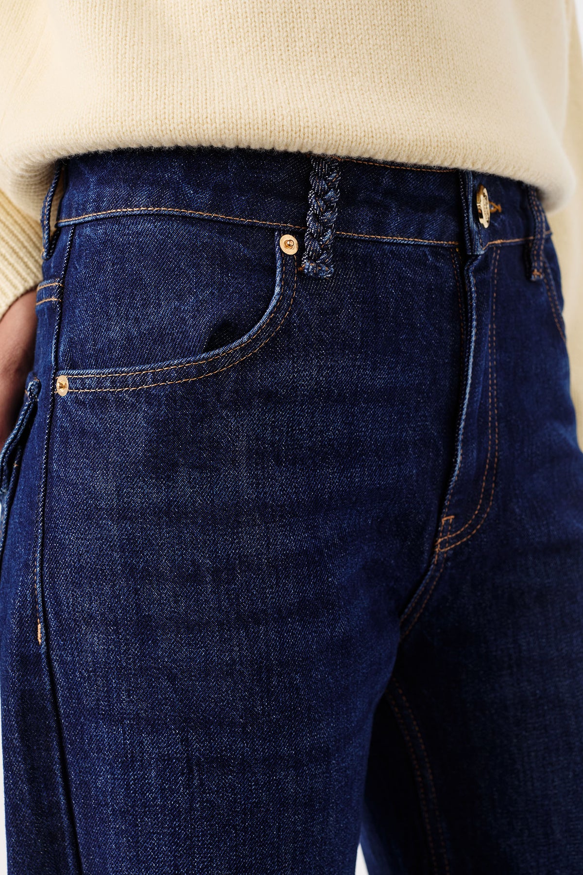Raw denim jeans with flap waistband