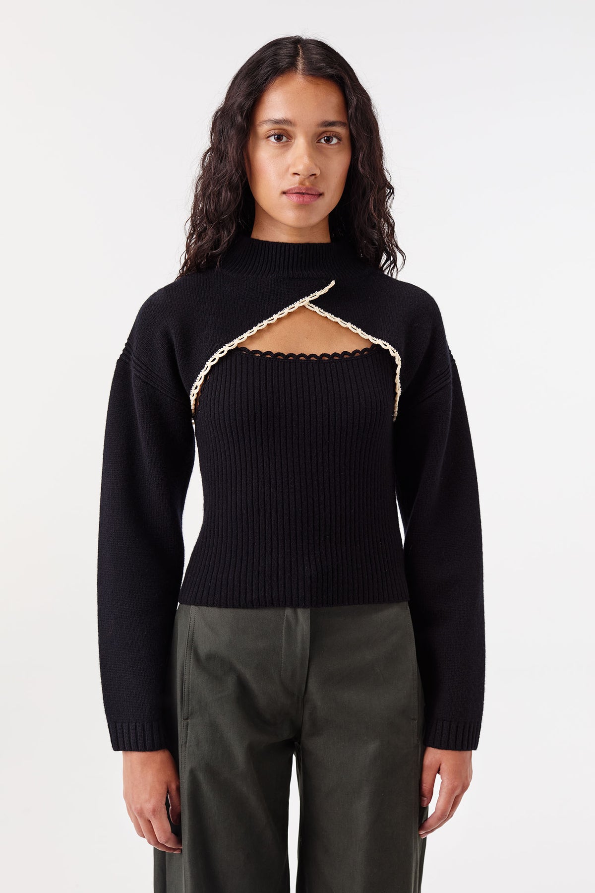 Black twin set with crochet trims