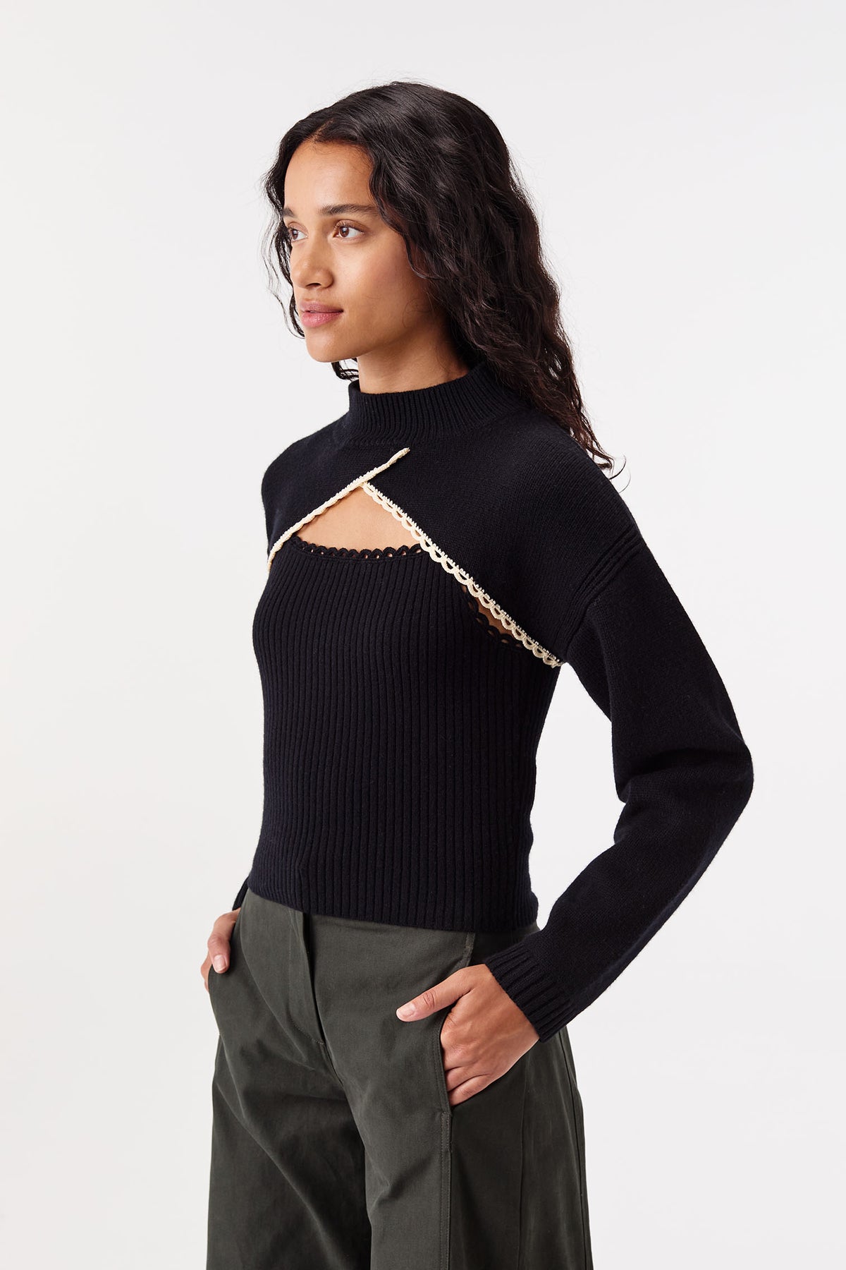 Black twin set with crochet trims