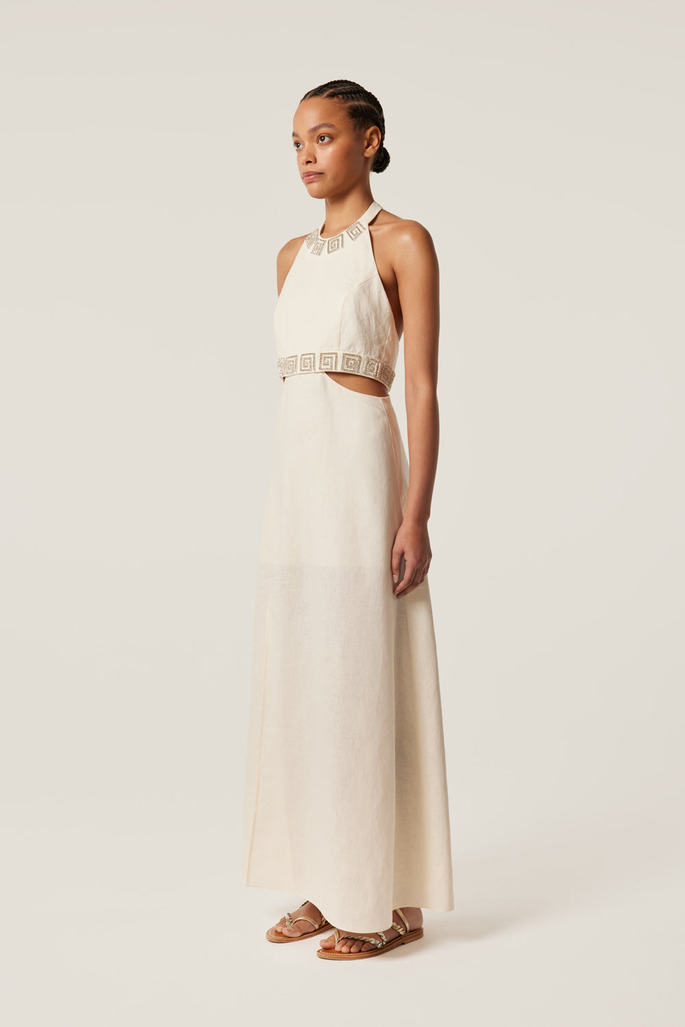 Backless maxi dress with rhinestone spirals