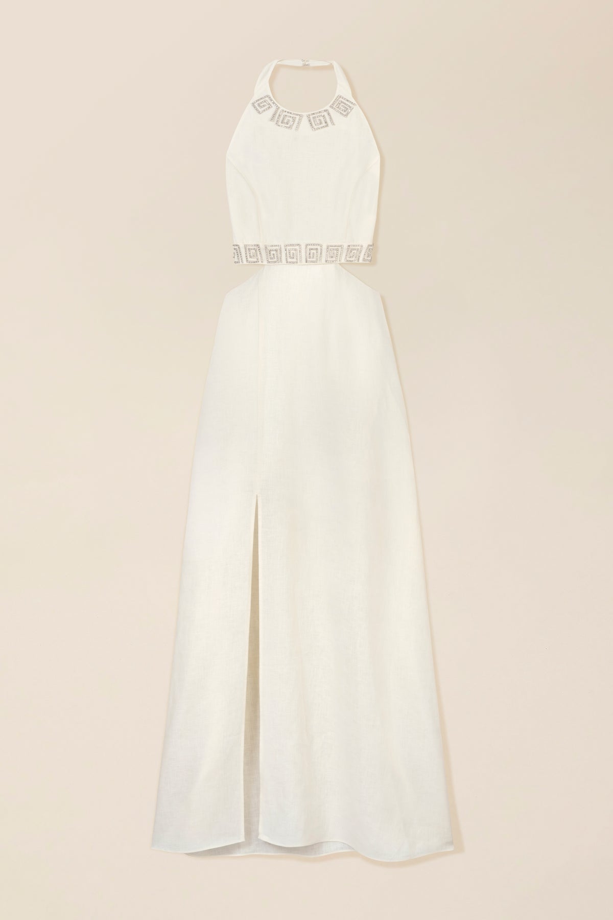 Backless maxi dress with rhinestone spirals