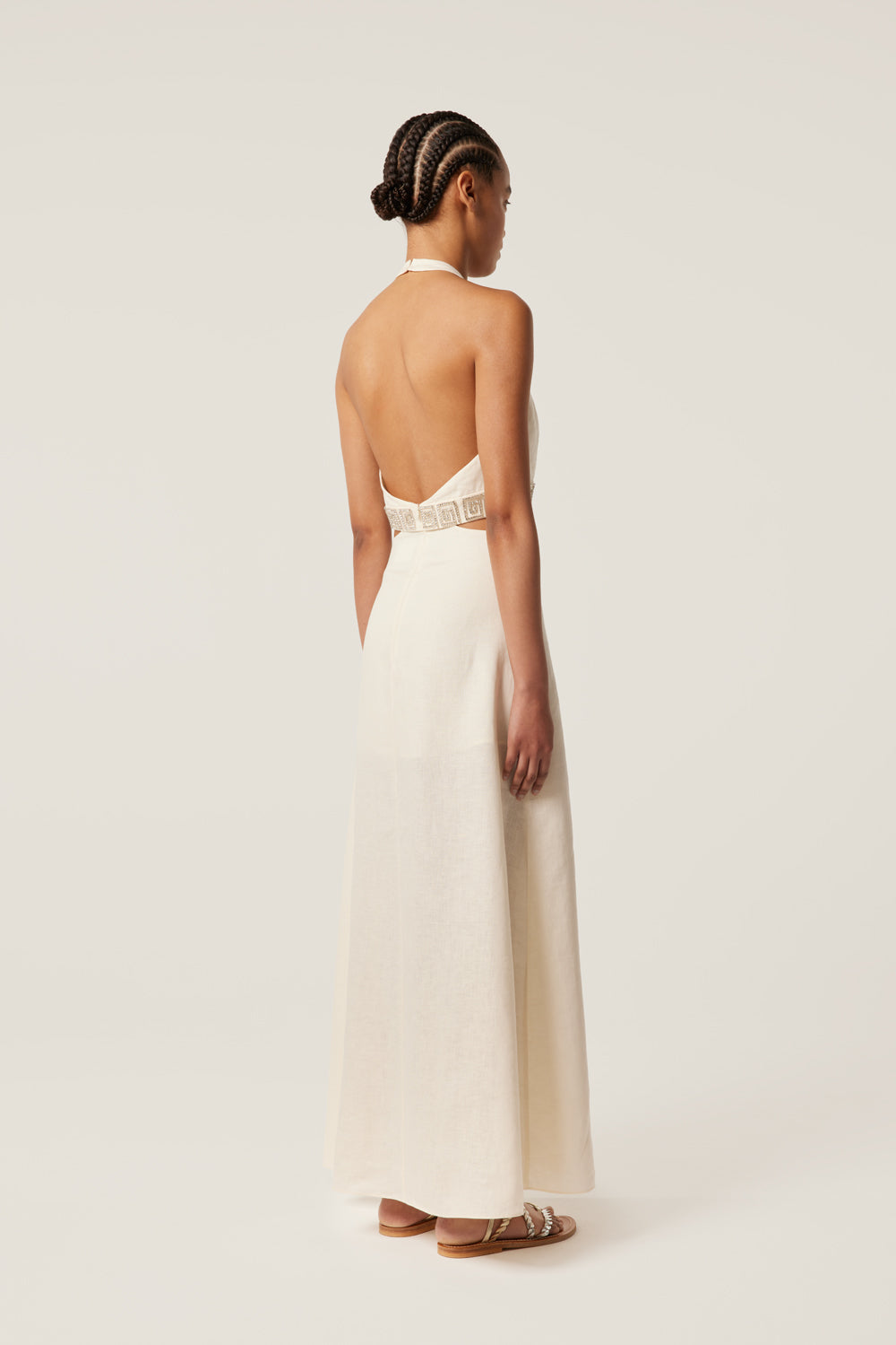 Backless maxi dress with rhinestone spirals