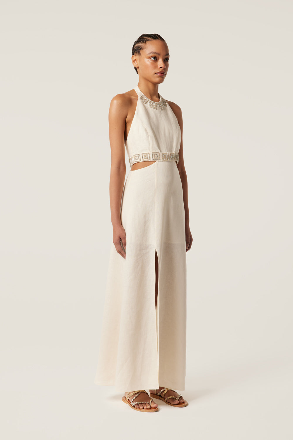 Backless maxi dress with rhinestone spirals