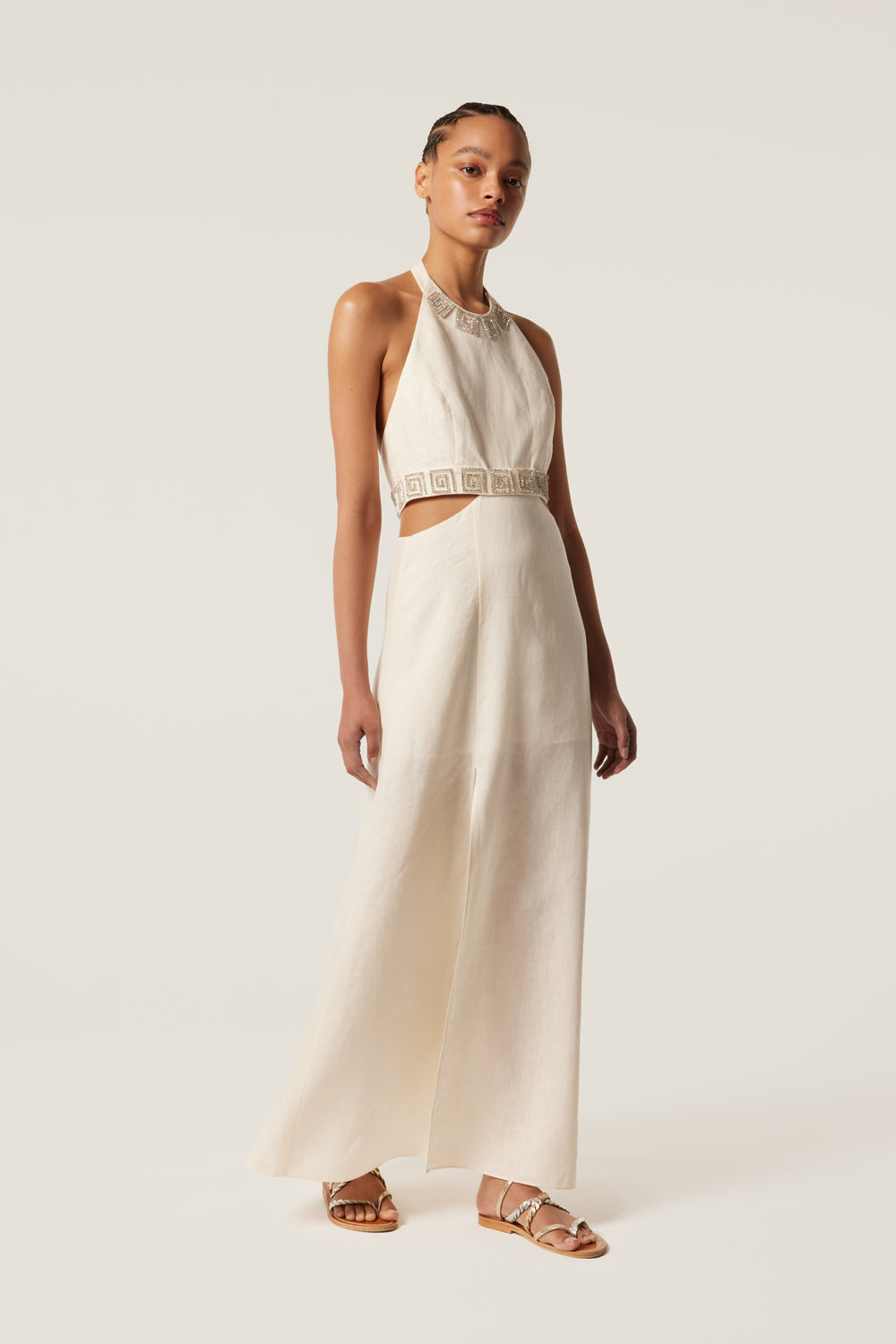 Backless maxi dress with rhinestone spirals