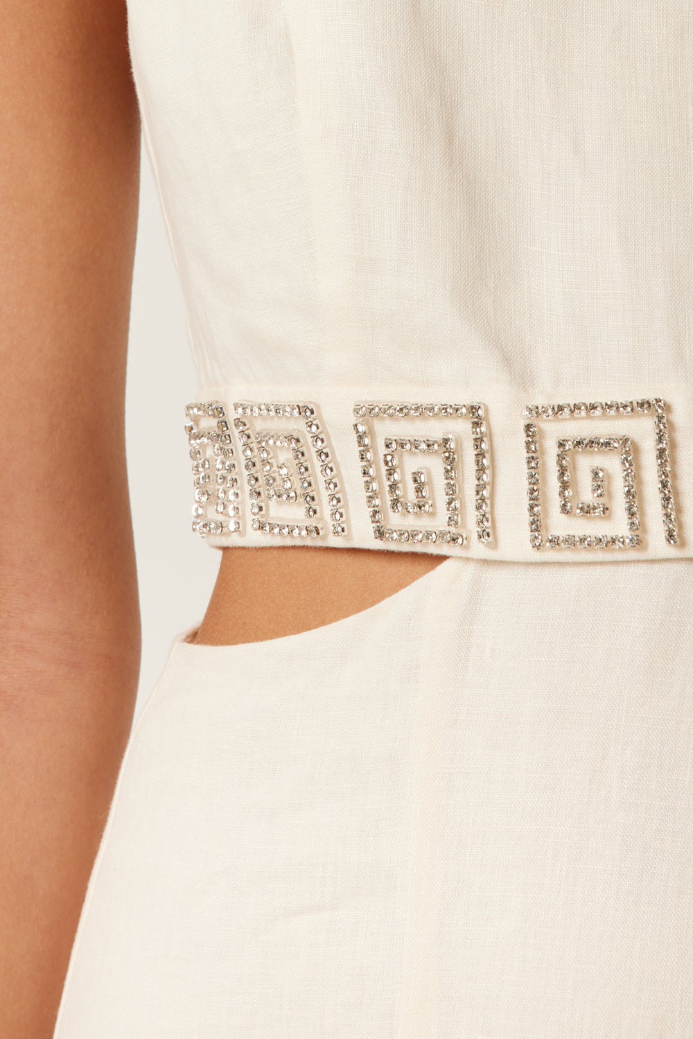 Backless maxi dress with rhinestone spirals