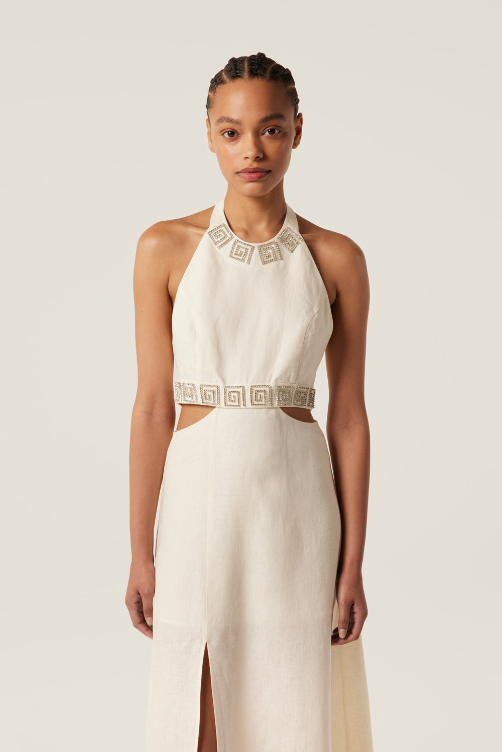 Backless maxi dress with rhinestone spirals