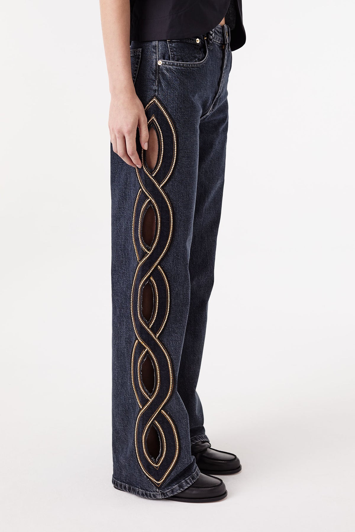 Denim with rhinestone braid