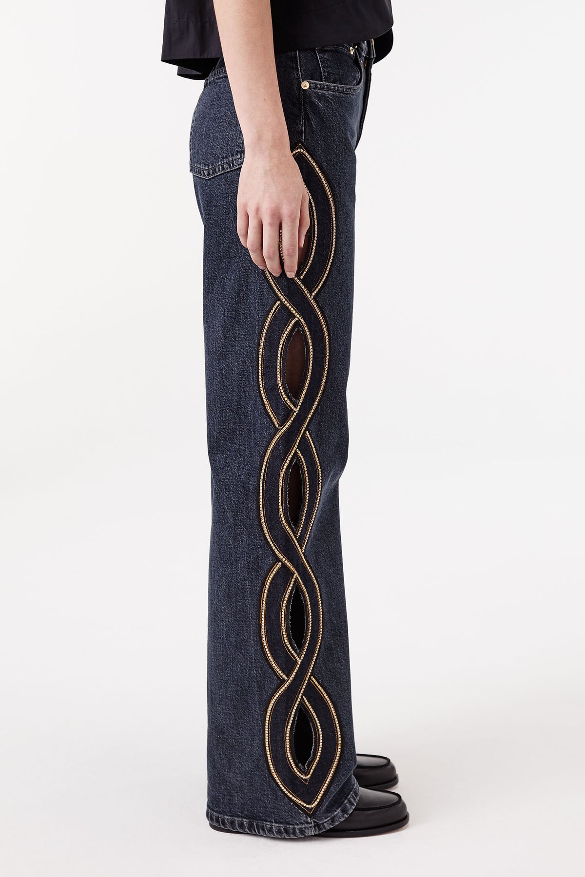 Denim with rhinestone braid
