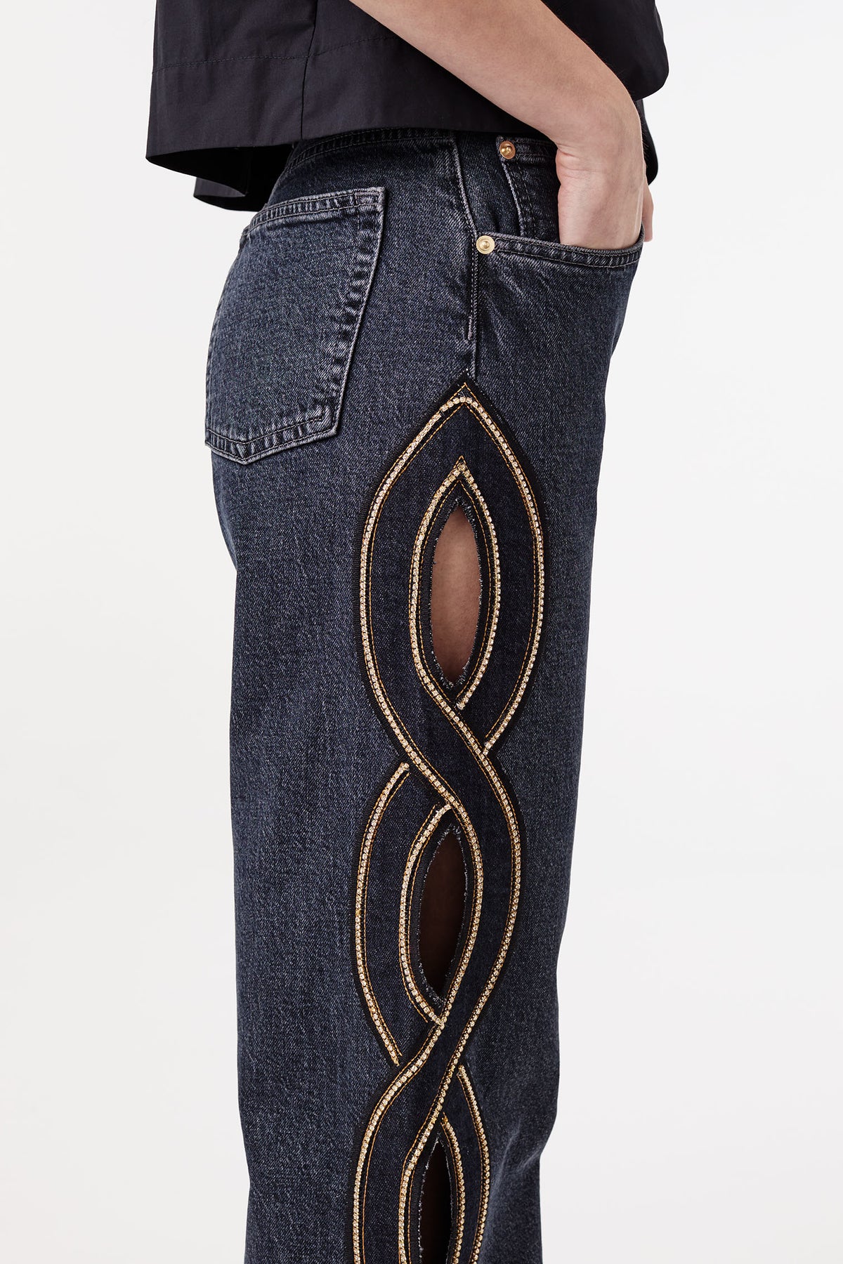 Denim with rhinestone braid